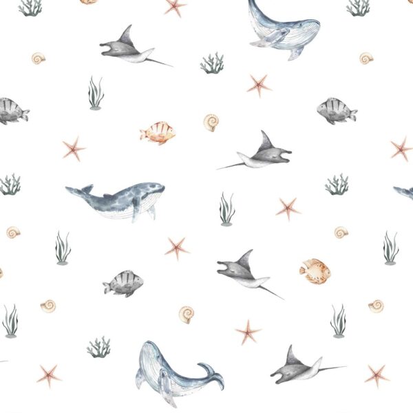 French Terry digital sea creatures white.