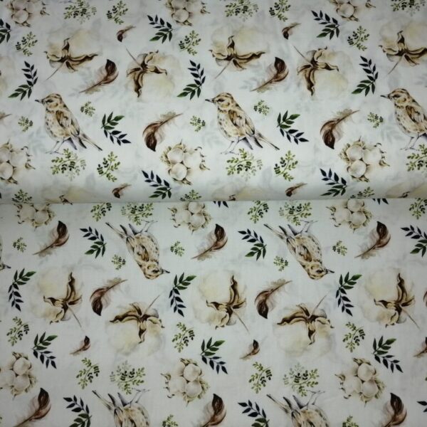 Katoen digital flowers with birds, cream.